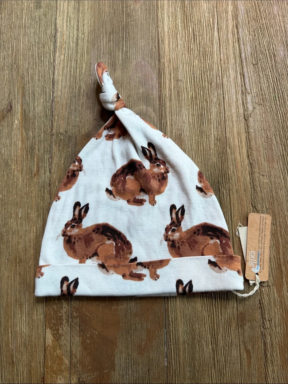 Milkbarn NWT White Knotted Baby Beanie with Brown Bunny Print 6-12M